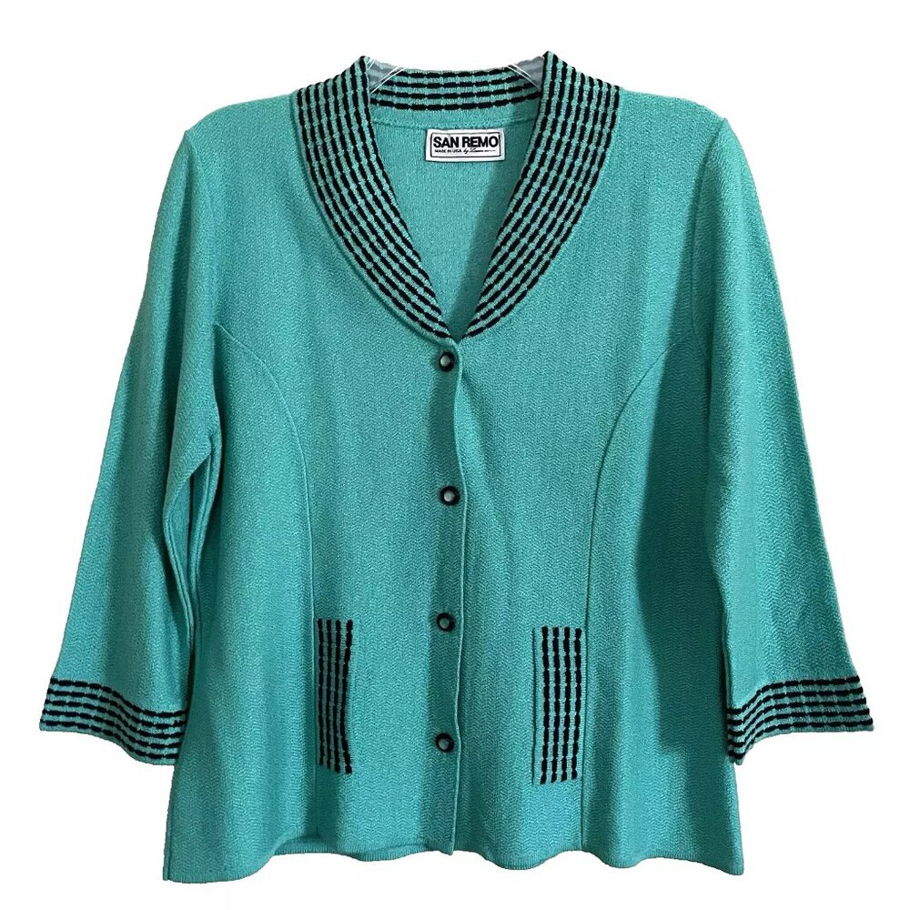 Vintage San Remo Green Cardigan Sweater Jacket Medium Rockabilly Retro